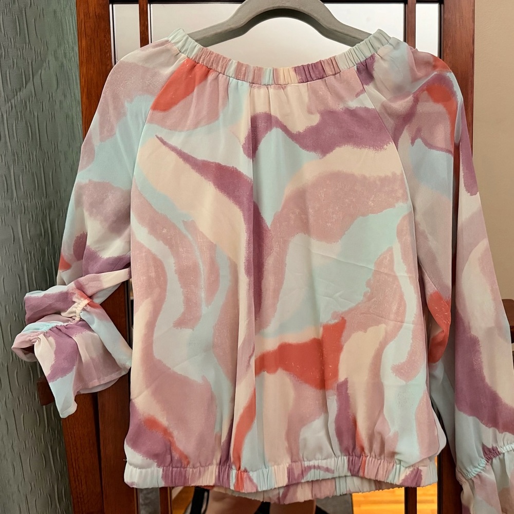 Nine West -Abstract Pastel Off-Shoulder Peasant Blouse - Pink Multi